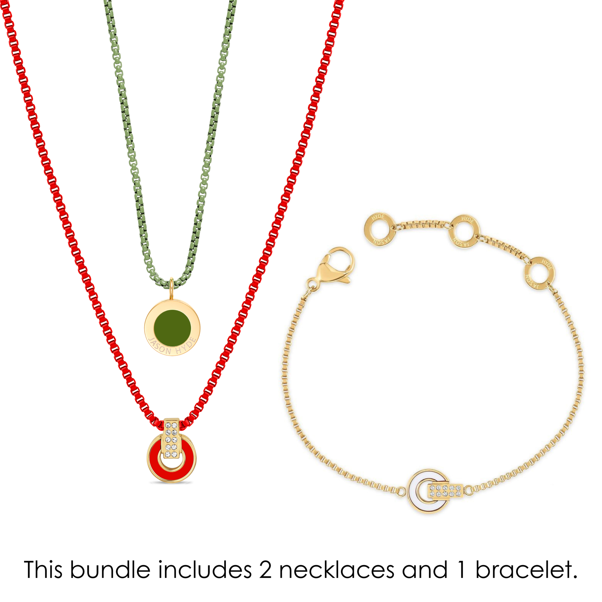 Jason Hyde jewelry bundle featuring two necklaces, and a gold chain bracelet.