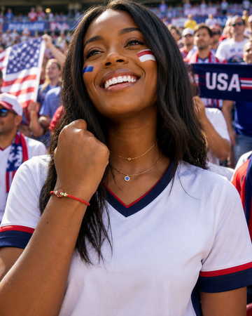 Smiling woman wearing Jason Hyde soccer-inspired jewelry 