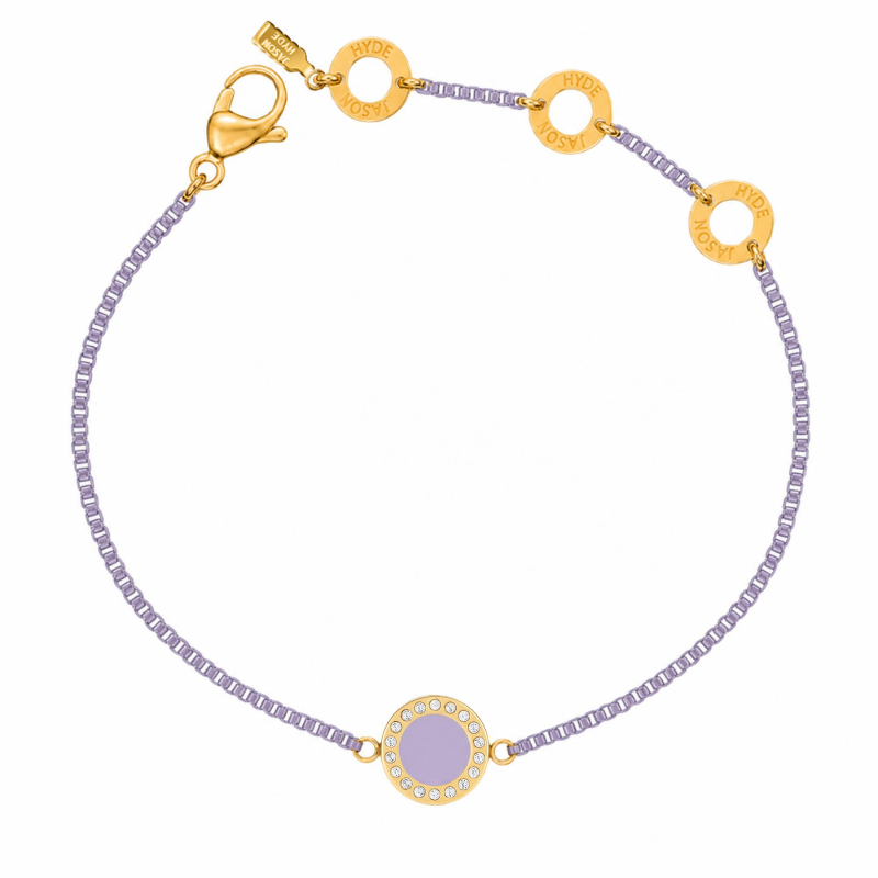 Lavender chain bracelet with a central circular enamel charm, a zirconia halo