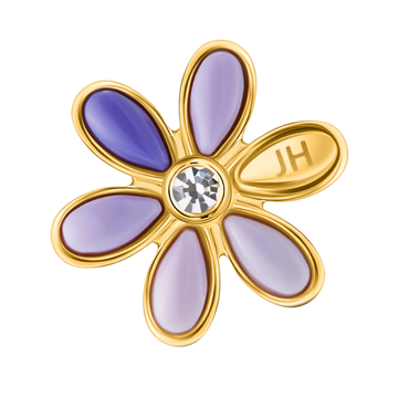 Six-petal gold daisy charm with lavender petals and a clear zirconia jewel in the center.