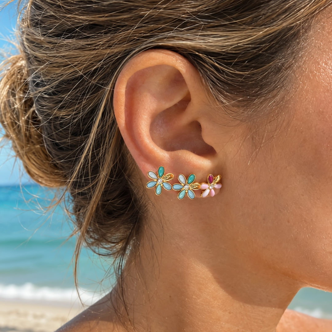 Turquoise floral ear climber earrings with multicolor enamel flowers and leaves