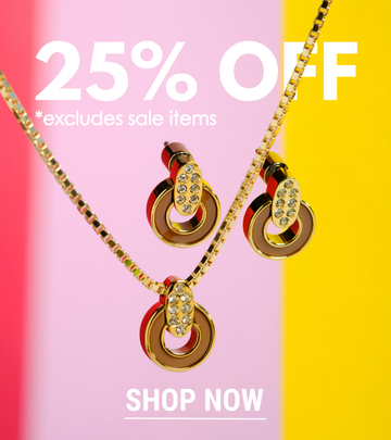 Nereida necklace and earrings on a pink and yellow background, promotional text for 25% off.