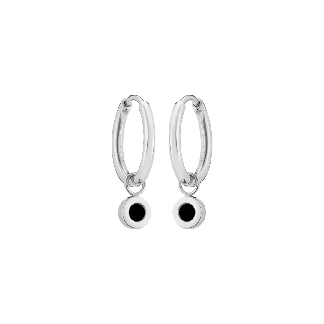 SILVER HANGING HOOPS WITH BLACK CHIP