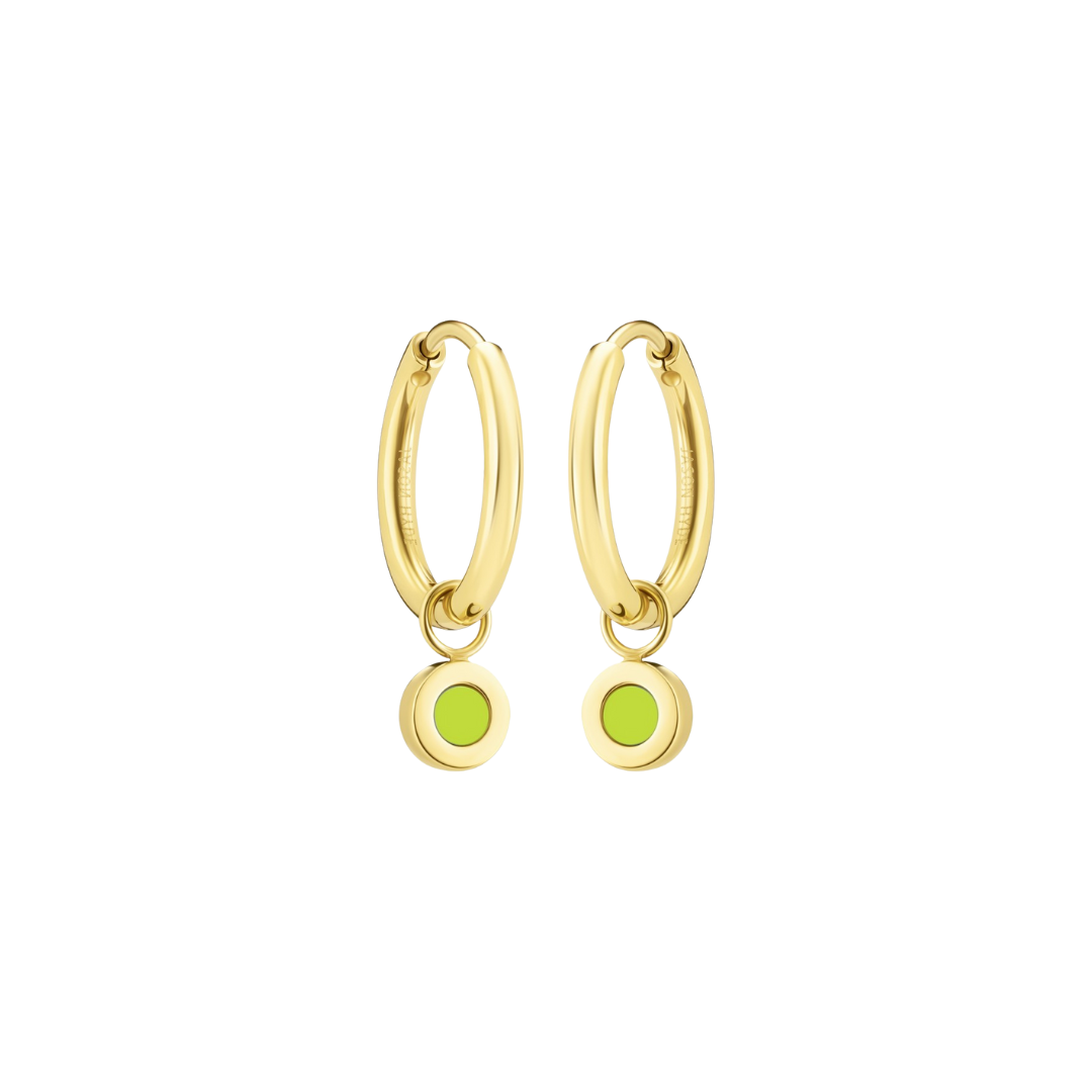 Gold hoop earrings with lime green charms