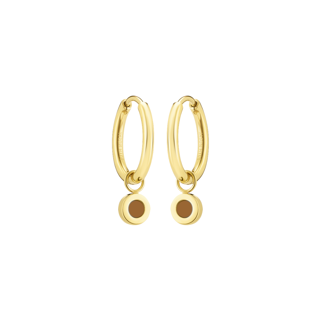 Golden hoops with brown circles.