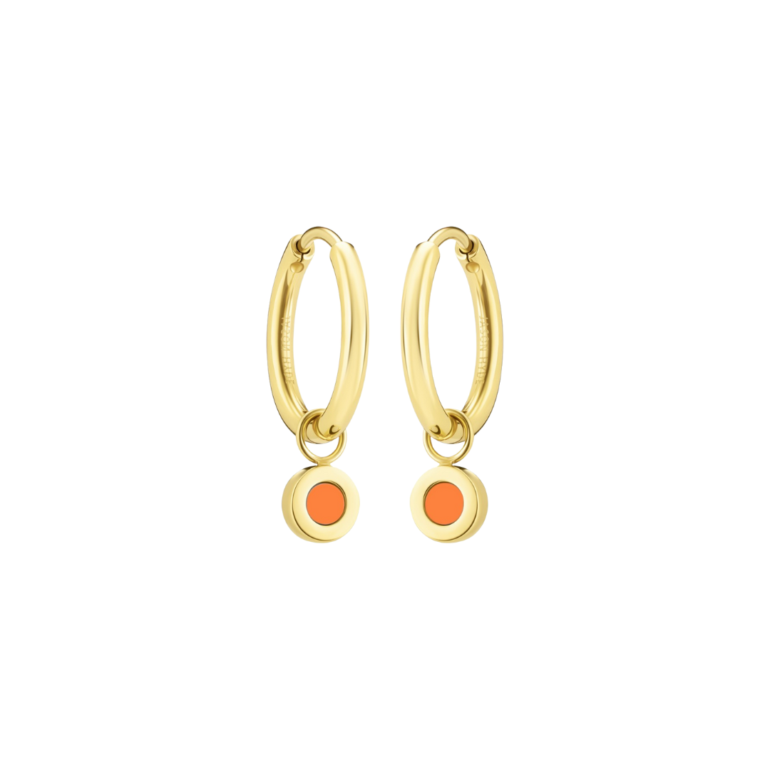 Circular orange charms on gold hoops.