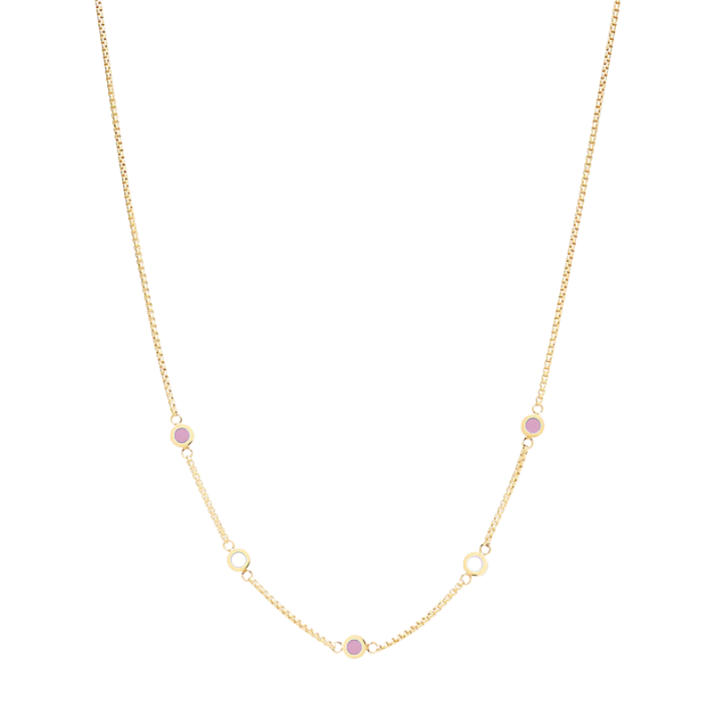 Jason Hyde gold five-charm necklace with pink and white enamel accents and minimalist design.