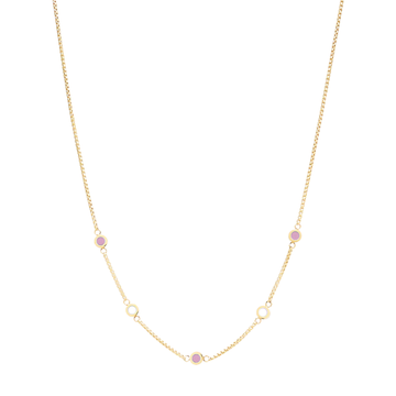 Jason Hyde gold five-charm necklace with pink and white enamel accents and minimalist design.