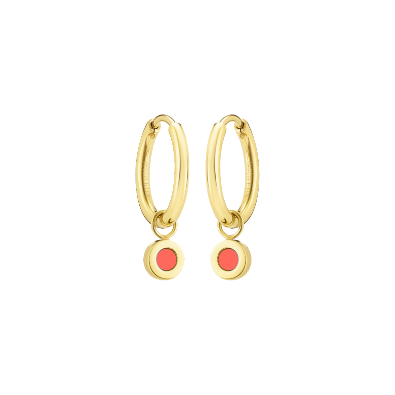 Jason Hyde gold hoop earrings with coral enamel chip charms and minimalist design.