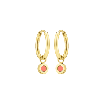 Jason Hyde gold hoop earrings with coral enamel chip charms and minimalist design.