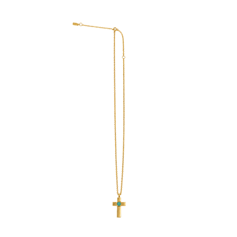 Flat lay of Jason Hyde 18k gold-plated cross pendant necklace with a blue turquoise recycled ocean plastic chip.