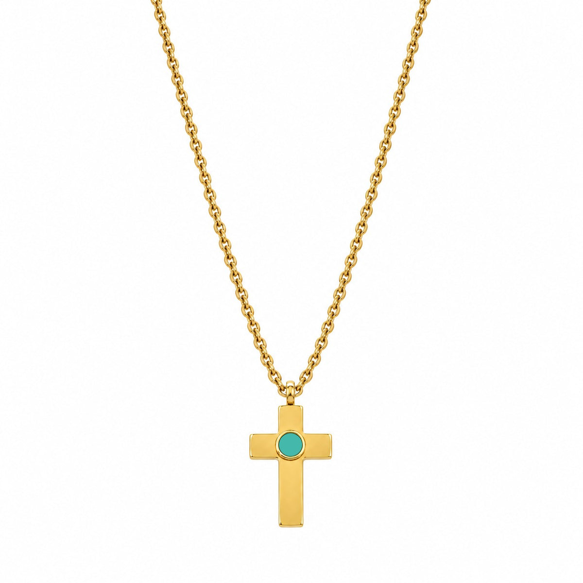 Gold cross pendant necklace with a blue turquoise chip made from recycled ocean plastic by Jason Hyde.