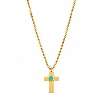 Gold cross pendant necklace with a blue turquoise chip made from recycled ocean plastic by Jason Hyde.