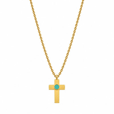 Gold cross pendant necklace with a blue turquoise chip made from recycled ocean plastic by Jason Hyde.