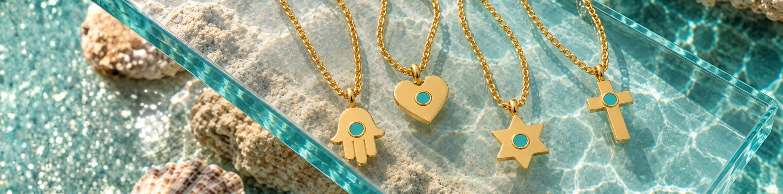 Four Jason Hyde gold pendant necklaces with turquoise ocean plastic chips resting on glass