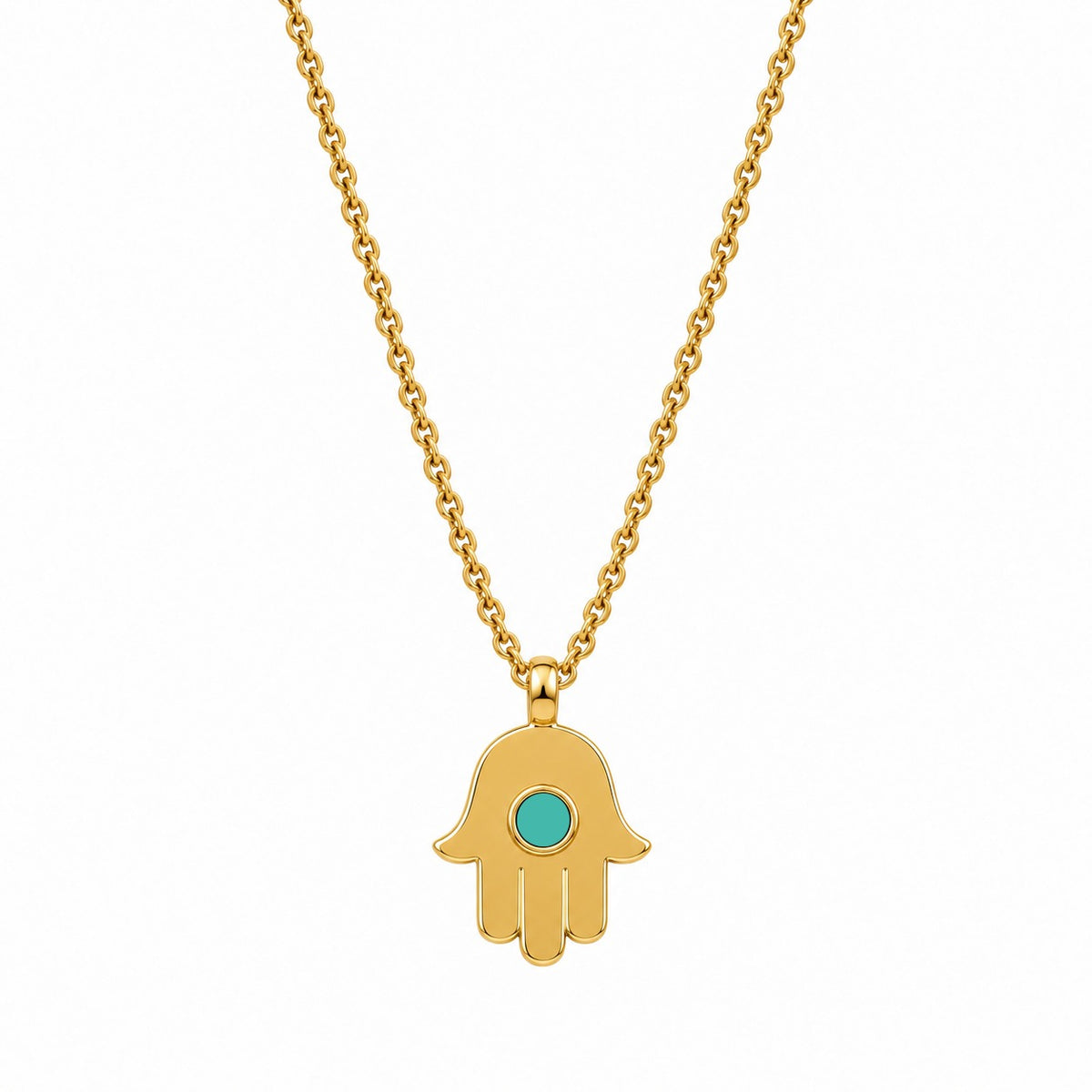 Gold hamsa pendant necklace with a turquoise plastic chip by Jason Hyde.