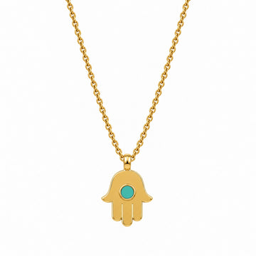 Gold hamsa pendant necklace with a turquoise plastic chip by Jason Hyde.