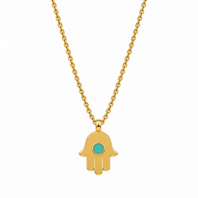 Gold hamsa pendant necklace with a turquoise plastic chip by Jason Hyde.