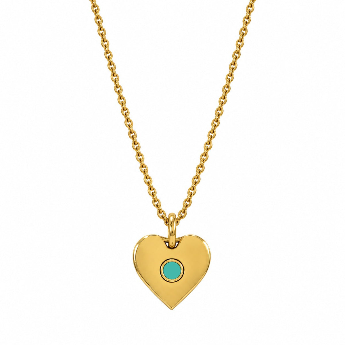 Gold heart pendant necklace with a turquoise chip by Jason Hyde.