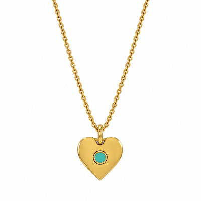 Gold heart pendant necklace with a turquoise chip by Jason Hyde.