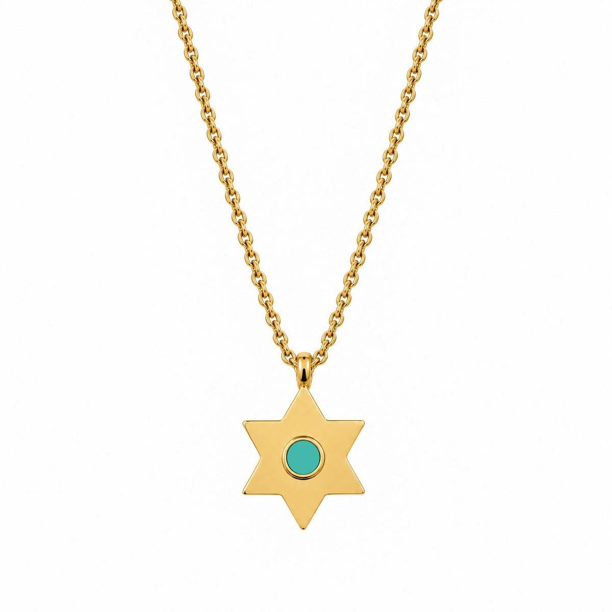 Gold star pendant necklace with a turquoise plastic chip by Jason Hyde.
