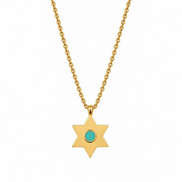 Gold star pendant necklace with a turquoise plastic chip by Jason Hyde.