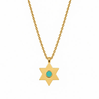 Gold star pendant necklace with a turquoise plastic chip by Jason Hyde.