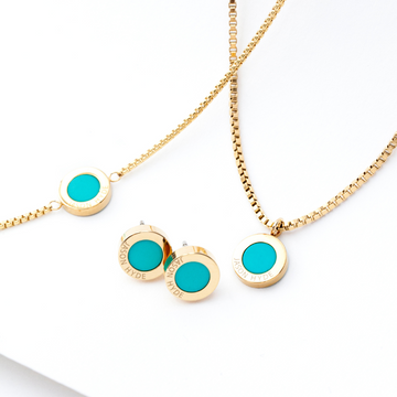 Ocean jewelry set, gold earrings, bracelet and necklace with turquoise chip