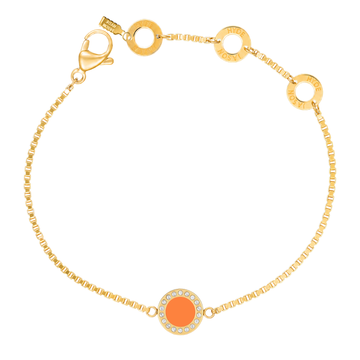 Gold box-chain bracelet with an orange and crystal-set center charm.