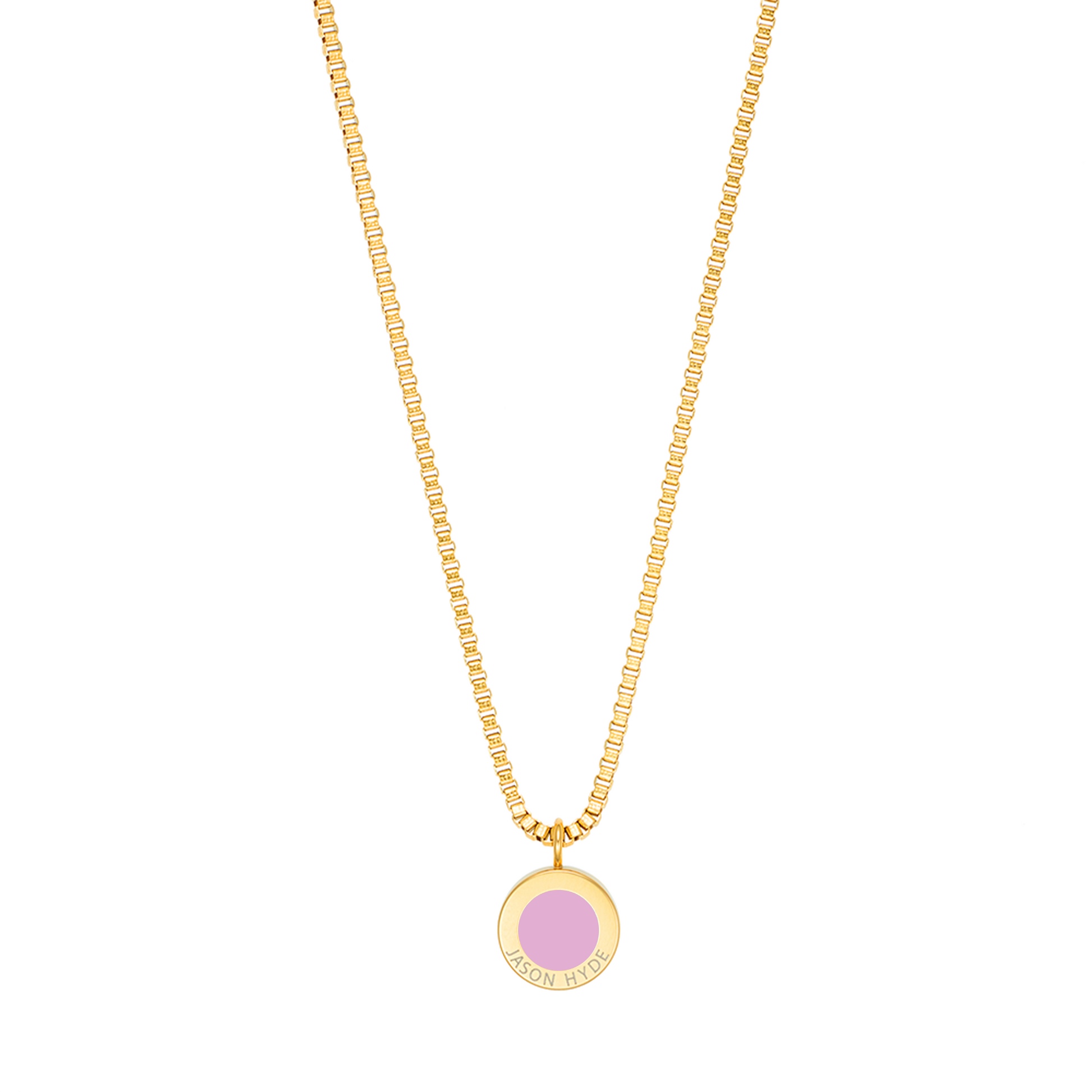 Jason Hyde gold pendant necklace with pink enamel ocean chip charm and minimalist design.