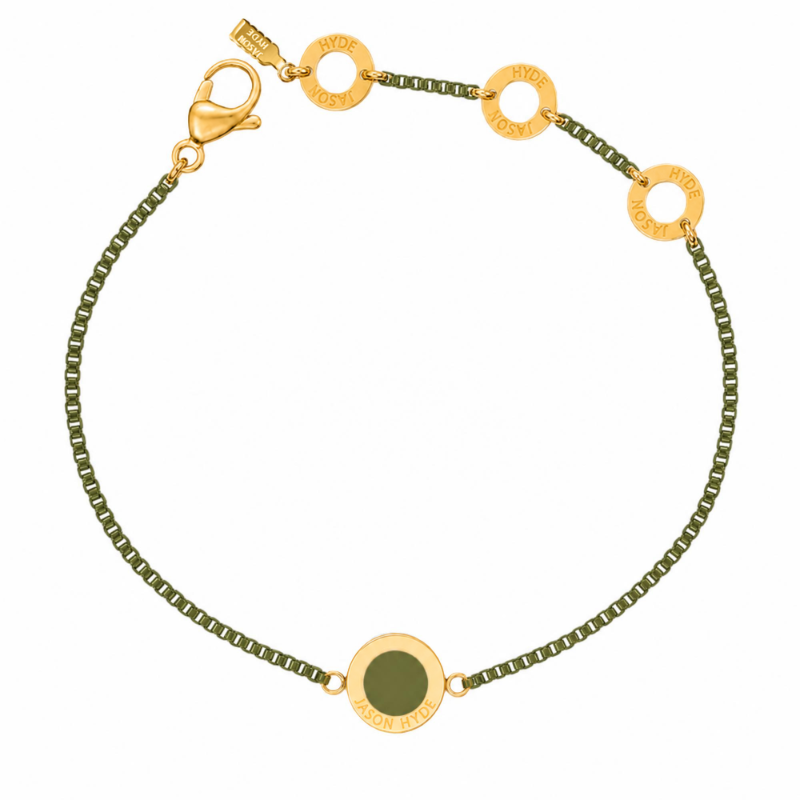 Olive Green chain bracelet with a matching circular enamel charm 