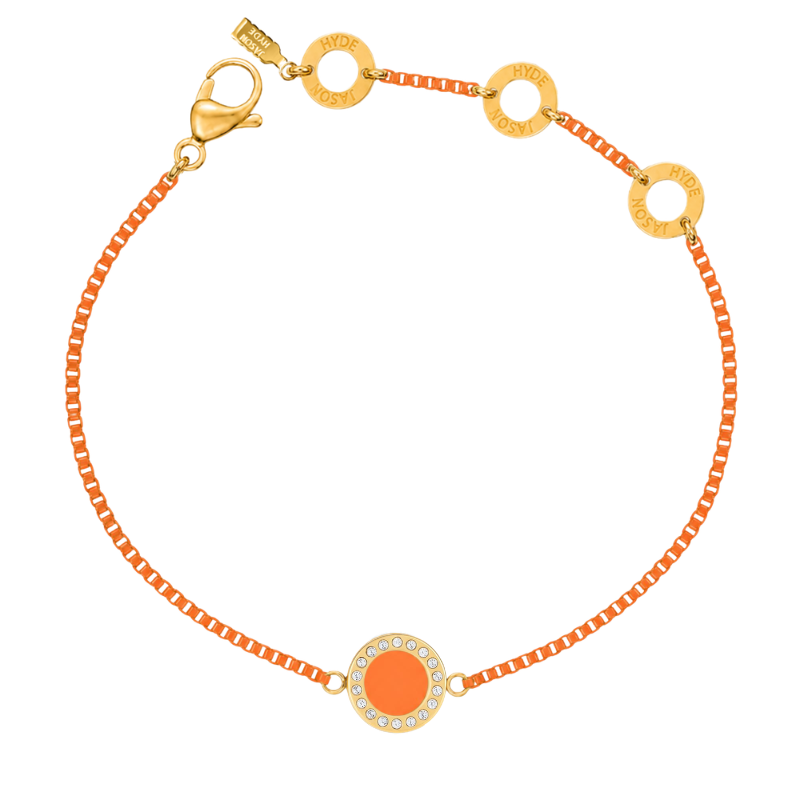 Orange chain bracelet with a central circular enamel charm, a zirconia halo