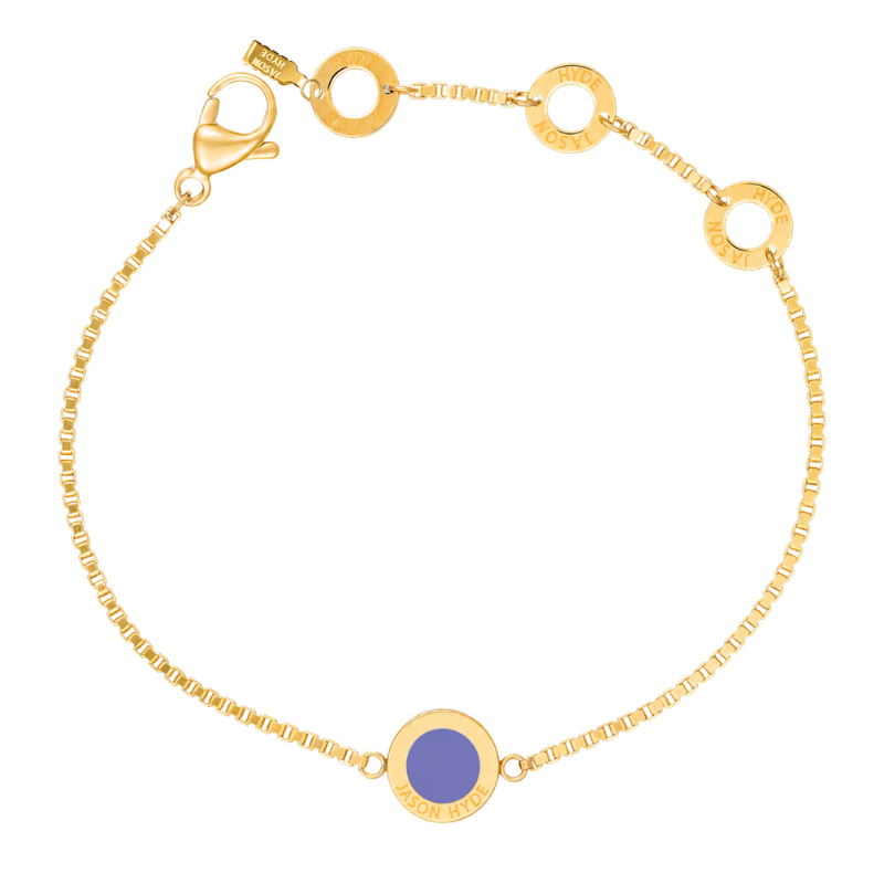 Gold box-chain bracelet with round Persian Blue charm by Jason Hyde.