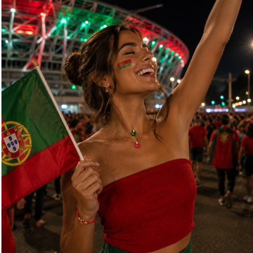 Happy fan at a football match wearing environmentally friendly jewelry