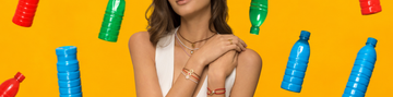 Woman wearing Jason Hyde eco-friendly necklaces and bracelets surrounded by floating recycled plastic bottles