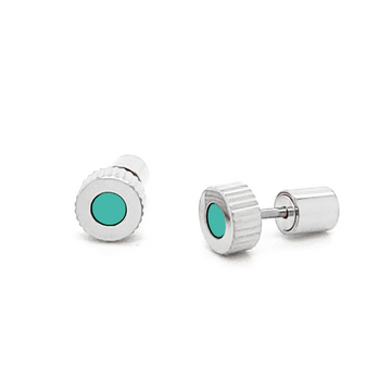 Stainless steel SEACAP stud earrings with turquoise recycled ocean plastic chip, silver finish
