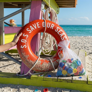 Jason Hyde sustainable jewelry initiative: collecting ocean plastic waste at a Miami beach lifeguard stand.