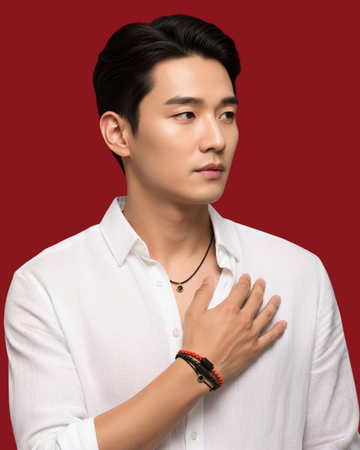Portrait of a man, wearing a white shirt and layered jewelry