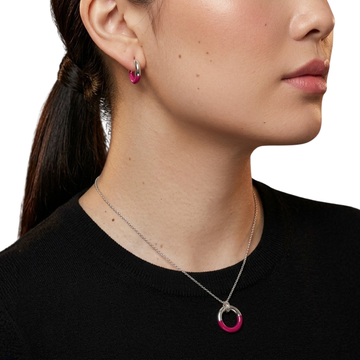 Jason Hyde silver jewelry set: matching necklace and hoop earrings with pink recycled plastic circles.