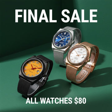 FINAL SALE banner featuring three mesh strap watches. All Watches $80.