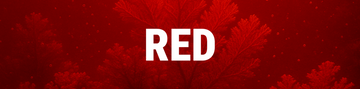 'RED' collection banner with white text over a rich red background featuring coral-like patterns.