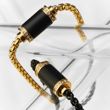 Sustainable bracelets featuring black recycled plastic box chains