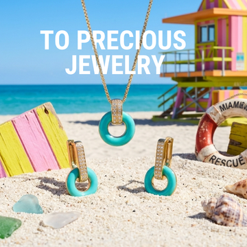 Sustainable precious jewelry: zirconia and turquoise ring necklace and earrings in Miami.