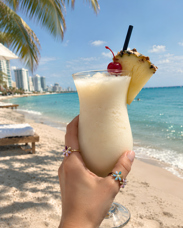 A person's hand wearing flower rings holds a frozen piña colada cocktail