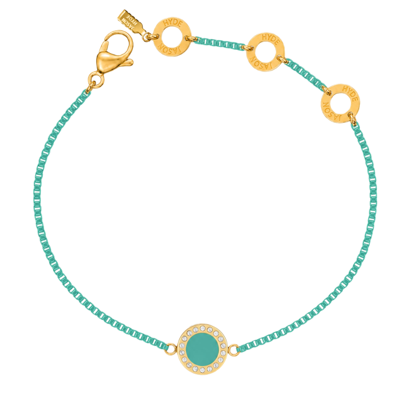 Turquoise chain bracelet with a central circular enamel charm, a zirconia halo