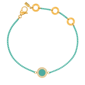 Turquoise chain bracelet with a central circular enamel charm, a zirconia halo