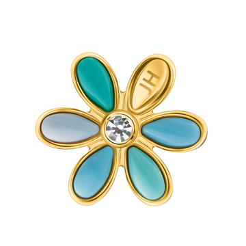 Gold flower charm featuring turquoise enamel petals, a central crystal gem, and "JH" initials.