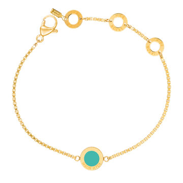 Gold box chain bracelet with turquoise charm detail.