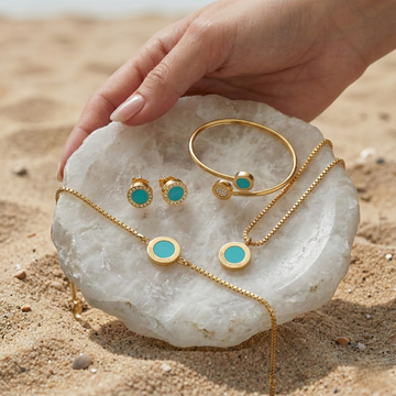 Sustainable gold-plated jewelry set with turquoise circular charms made of recycled ocean-bound plastic
