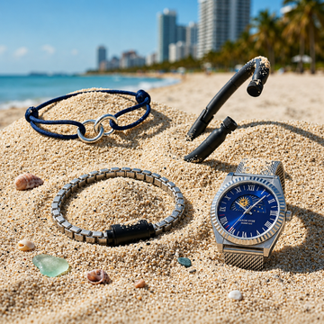 A blue-dial watch, blue cord bracelet, and black metal jewelry pieces rest on the sand of a sunny Miami beach